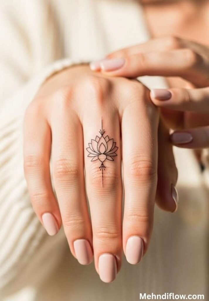 Elegant single lotus henna design centered on the middle finger with clean vertical lines.