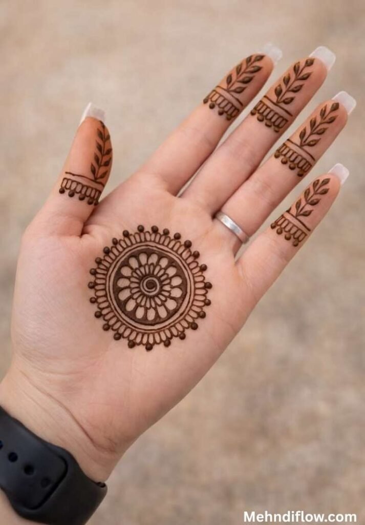 Tikki style centered palm circle mehndi design featuring a detailed floral mandala core and elegant leaf stems on the fingertips.