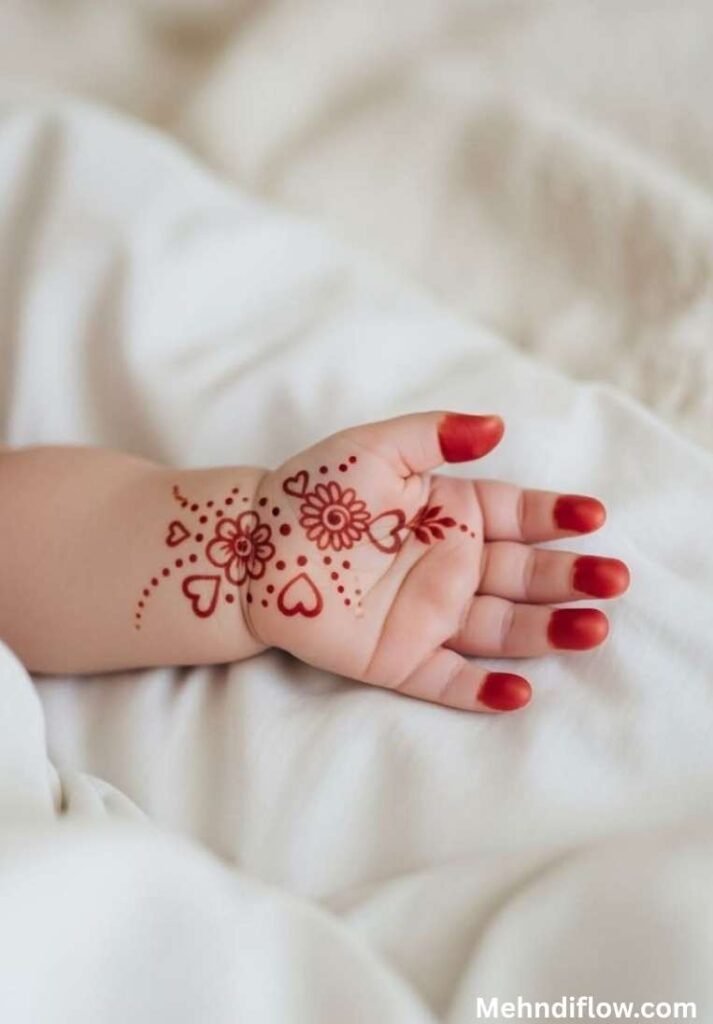 Quick and simple single flower mehndi design for children featuring traditional solid colored fingertips and a symmetrical, diamond-shaped mandala with a spiral center on the back of the hand.

