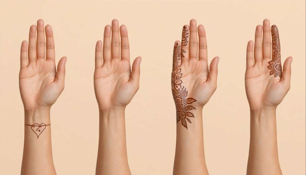  Four front hand mehndi designs showing different palm placements
