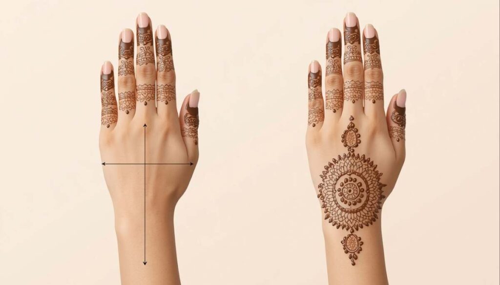  Comparison of balanced and overcrowded simple front hand mehndi designs
