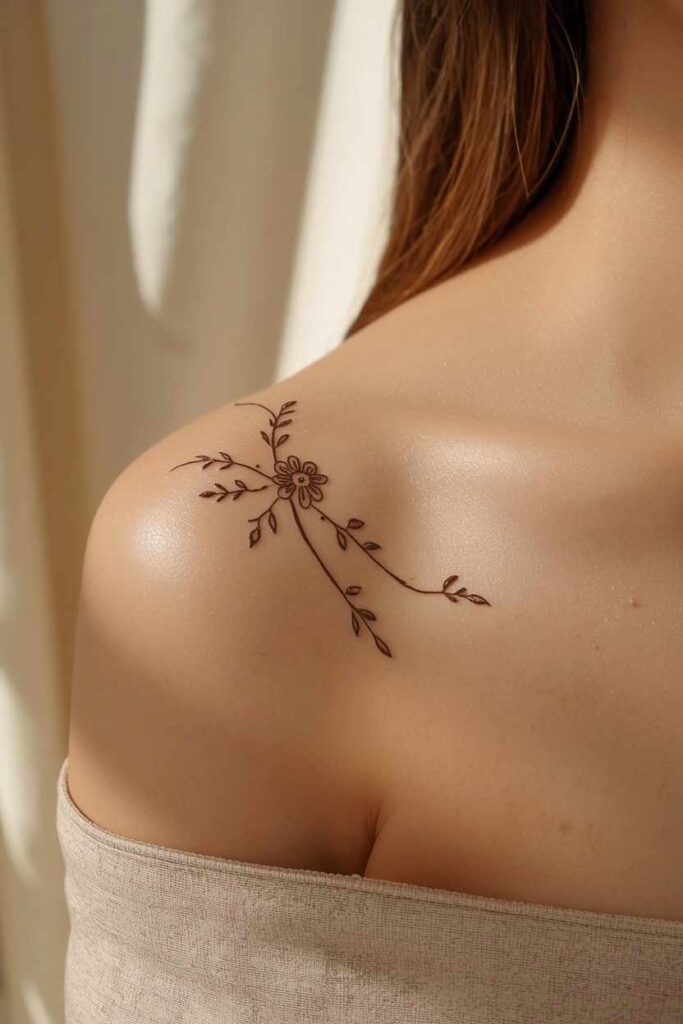 Simple shoulder mehndi design with delicate flowers, leafy vines, and fine dots
