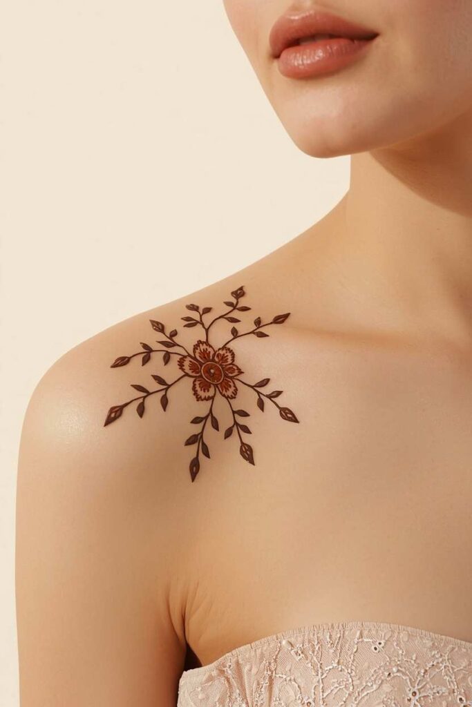 Front shoulder mehndi design flowing gracefully along the collarbone

