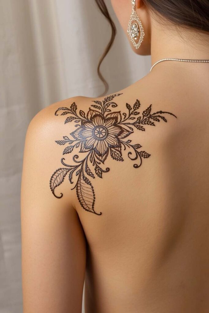 Back shoulder mehndi design featuring a large floral pattern on the shoulder blade
