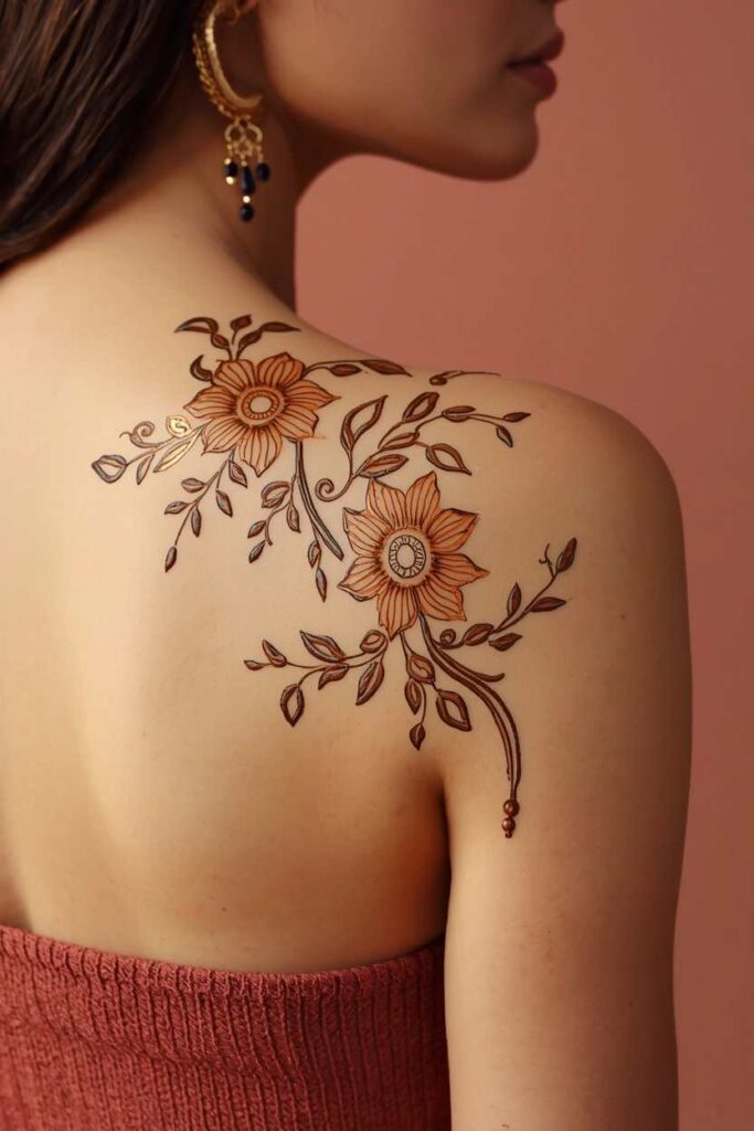 Arabic shoulder mehndi design with bold flowers and flowing leafy vines
