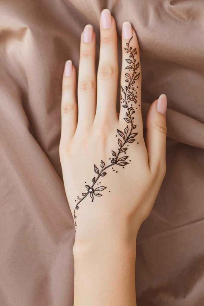  Simple flowing vine mehndi design across the front hand
