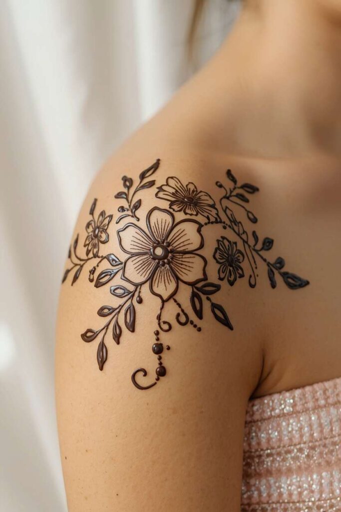 Beautiful floral shoulder mehndi design with flowers, leaves, and curved stems
