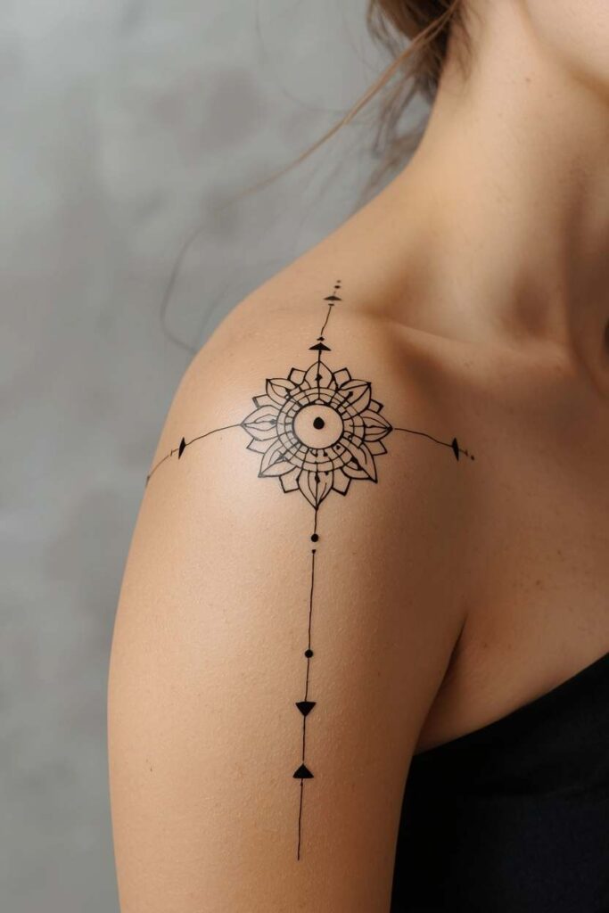 Modern shoulder mehndi design with geometric shapes, fine lines, and negative space
