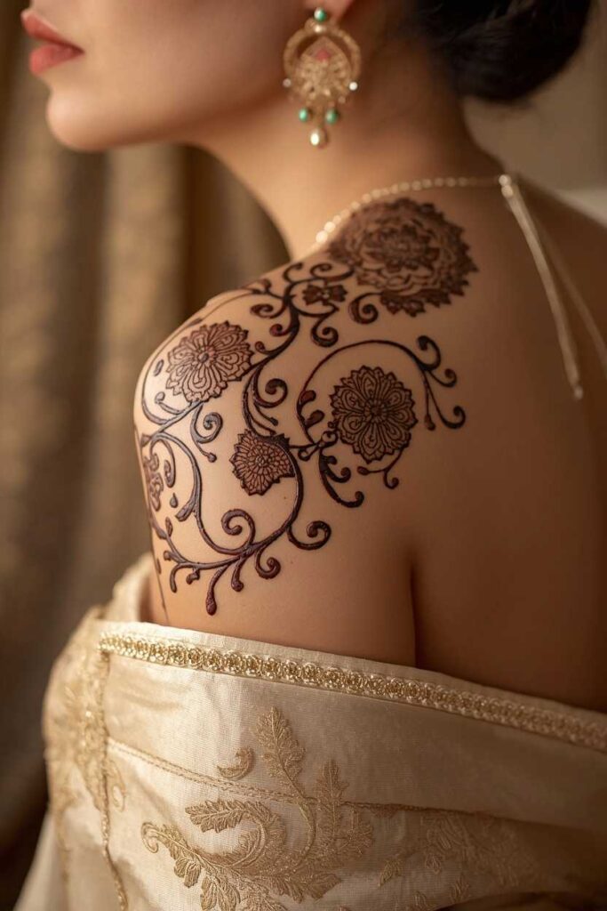 Elegant festive shoulder mehndi design with detailed floral patterns near the neckline
