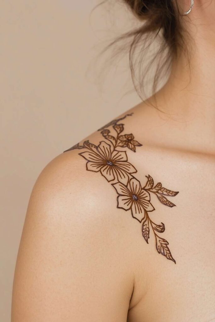 Neat shoulder mehndi design with clean lines, delicate flowers, and balanced spacing
