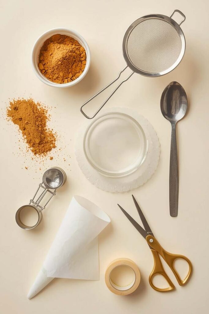 Henna powder, mixing tools, cone sheets, scissors, and tape for making mehndi
