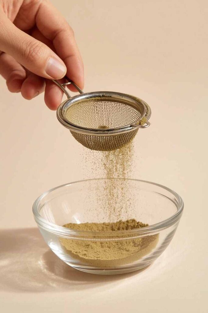 Natural henna powder being sifted through a fine sieve into a bowl
