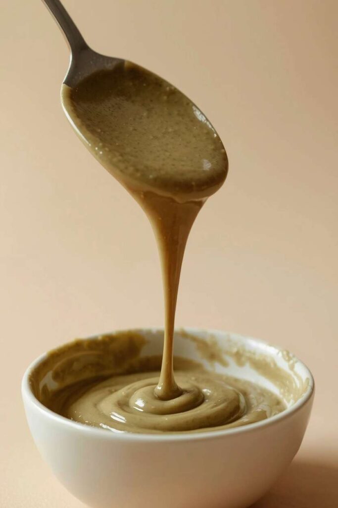 Smooth henna paste falling from a spoon in a thick ribbon
