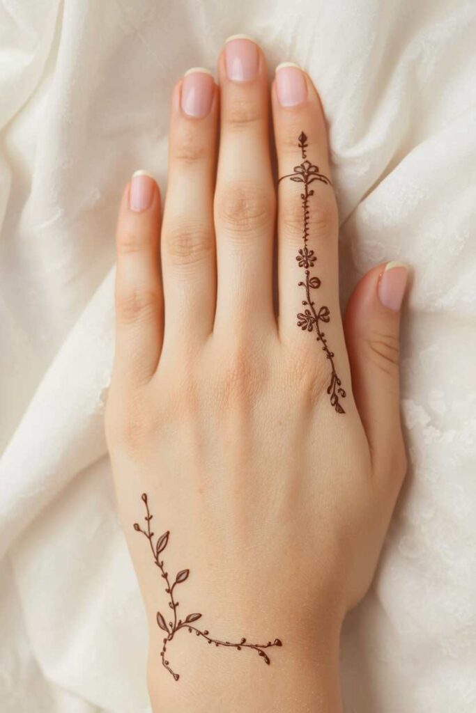  Simple front hand mehndi design with delicate finger details
