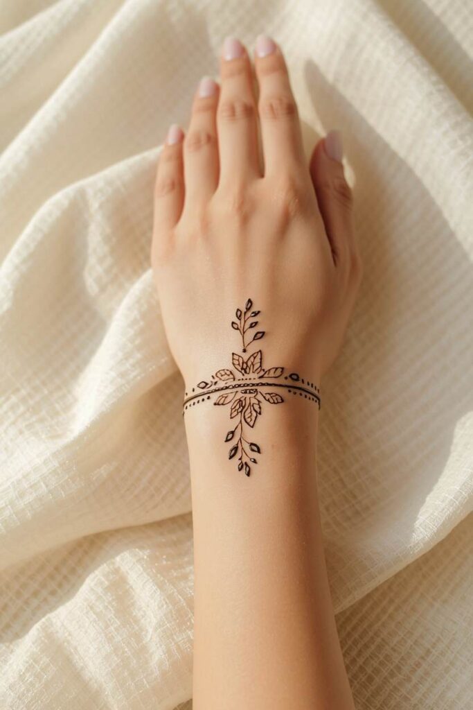  Simple bracelet-style wrist mehndi connected to the front hand
