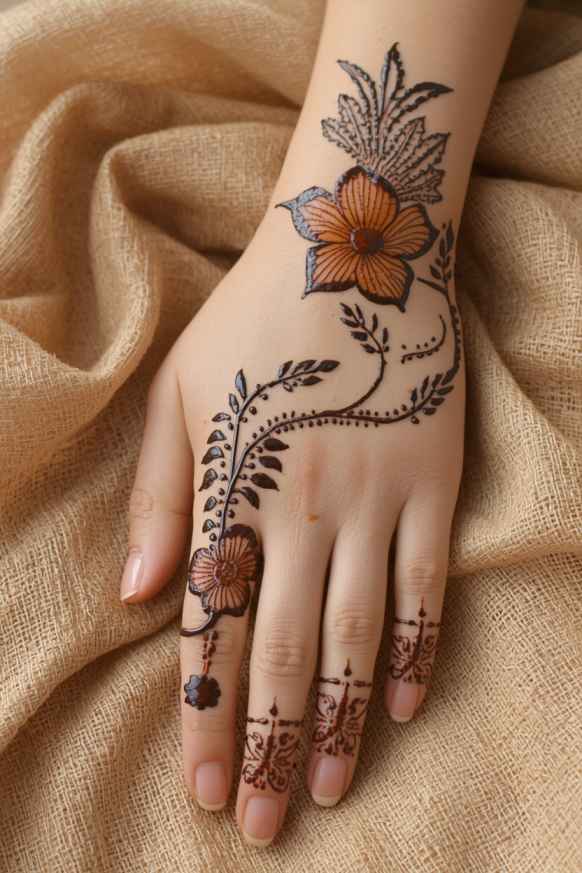 Elegant Arabic mehndi design with bold flowers and flowing leafy vines