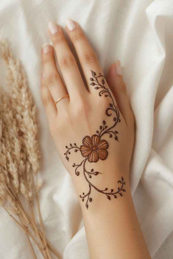 Stylish floral mehndi design with a large flower and delicate leafy vines