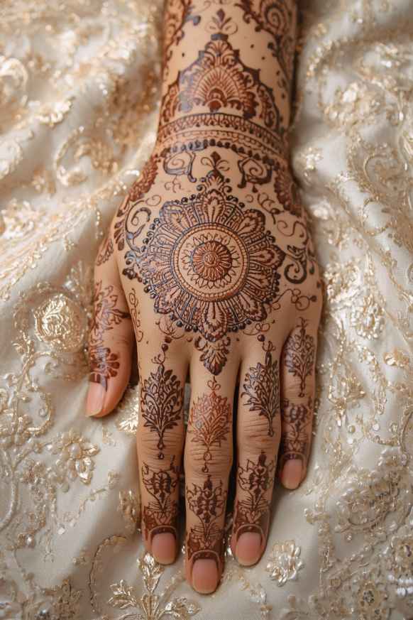 Intricate Indian bridal mehndi design with mandala, paisley, peacock, and floral patterns