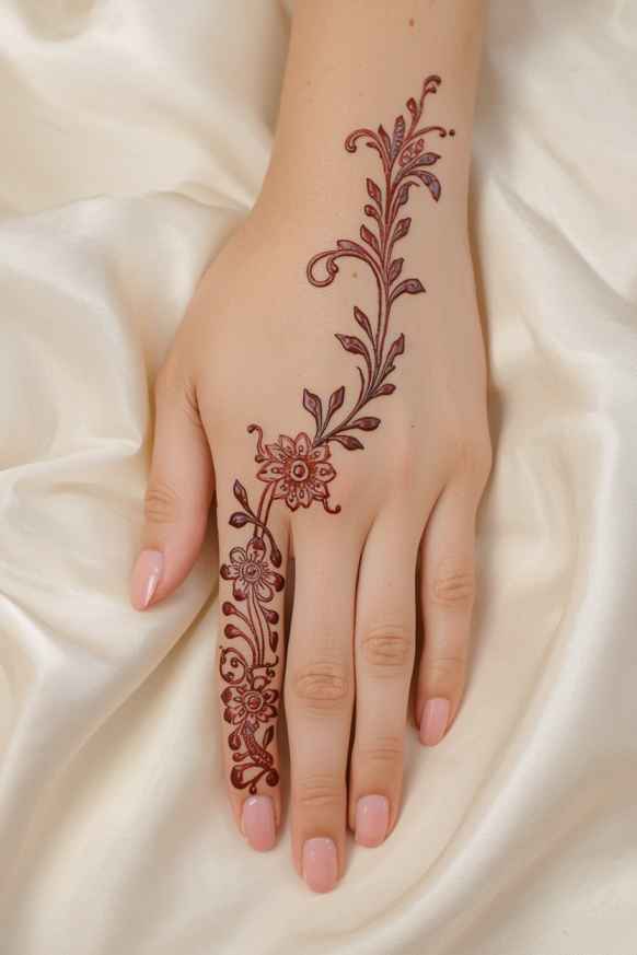 Indo-Arabic mehndi design combining detailed floral motifs with flowing Arabic vines