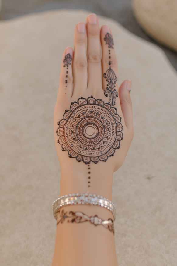 Circular mandala mehndi design with layered petals, dots, and fine details
