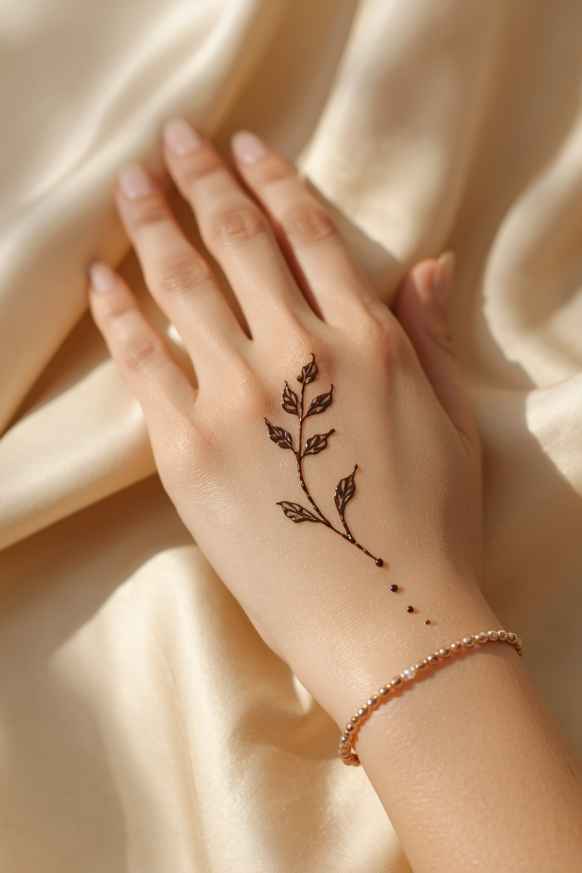 Minimalist mehndi design with a delicate floral sprig and dotted trail