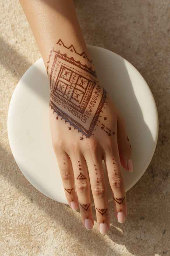 Moroccan geometric henna design with diamonds, triangles, and symmetrical patterns