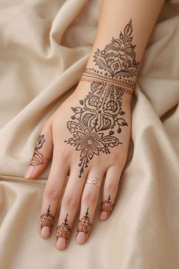 Elegant Pakistani mehndi design with floral motifs, paisleys, and delicate finger patterns