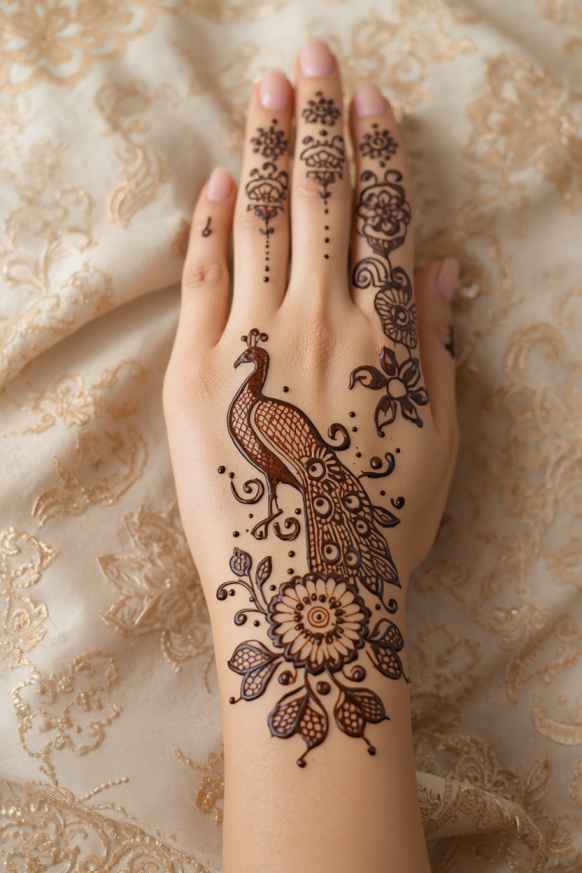 Traditional peacock mehndi design with detailed feathers, flowers, and paisleys