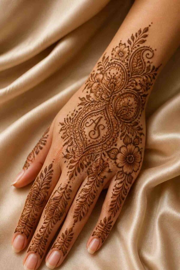 Personalized bridal back hand mehndi design featuring initials surrounded by floral and paisley patterns
