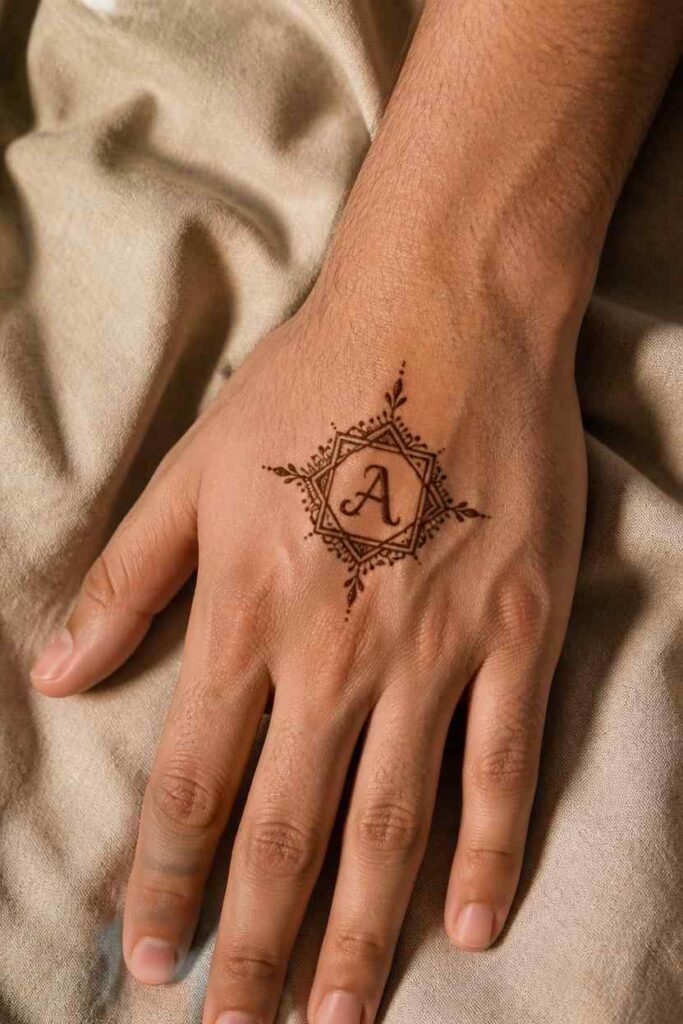  Personalised boys mehndi design back hand with an initial inside a geometric shape.
