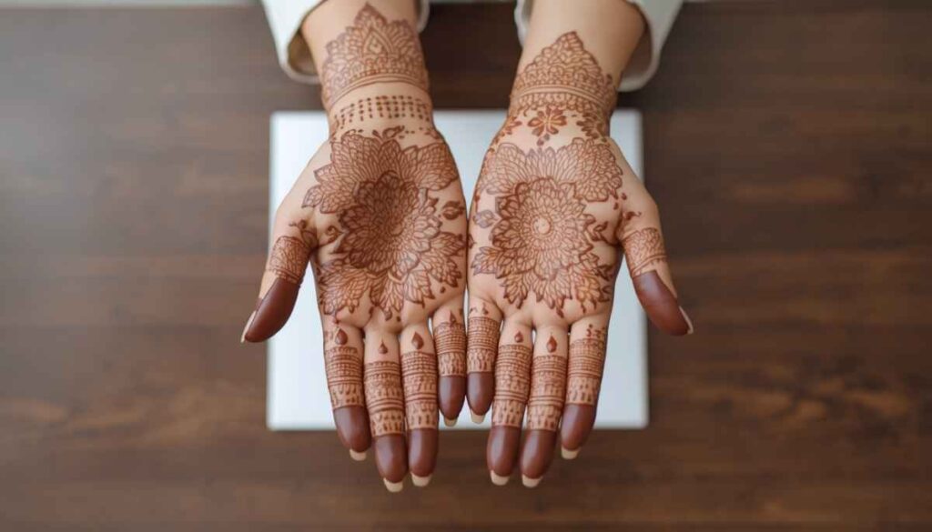Simple mehndi design on hand typing at office desk"