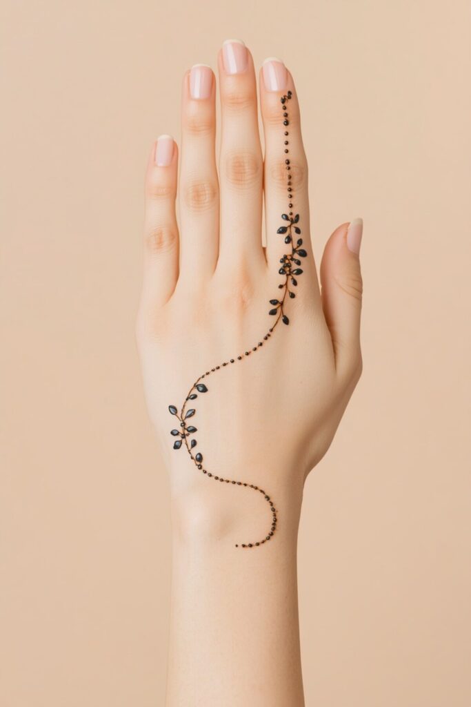 One line mehndi design for front hand with delicate floral details