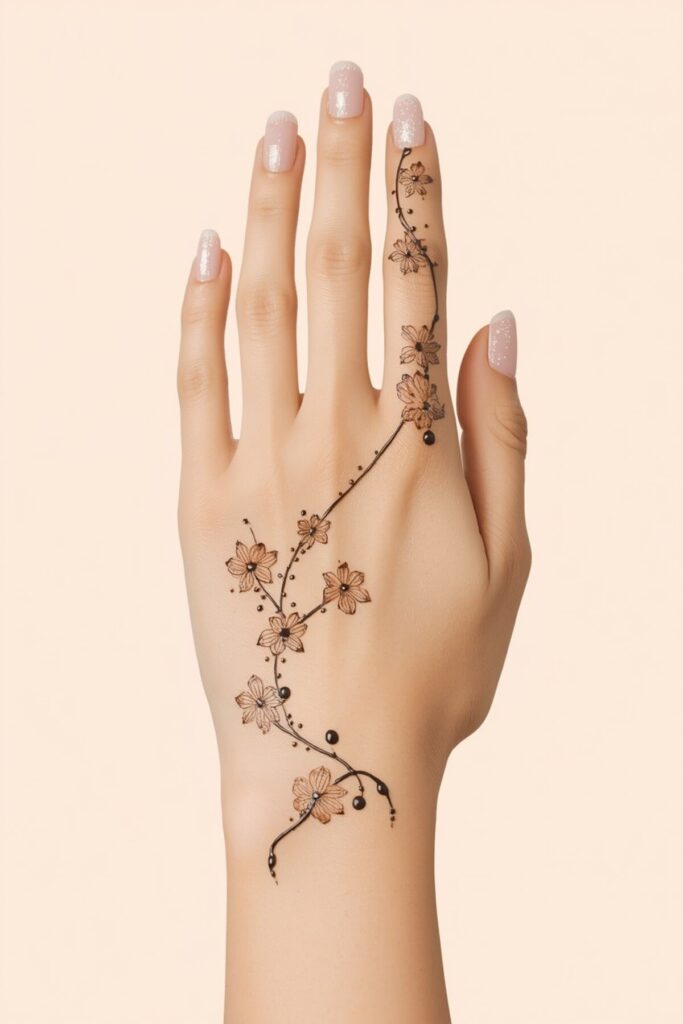 Floral one line mehndi design with delicate flowers and leaves
