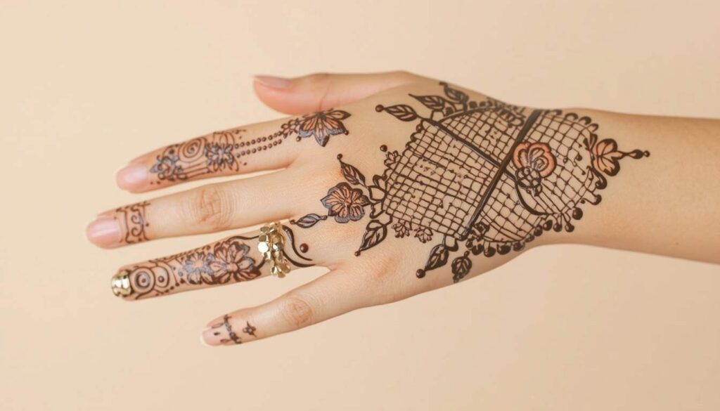 Beautiful jaal mehndi design with flowers paisleys and fine net pattern