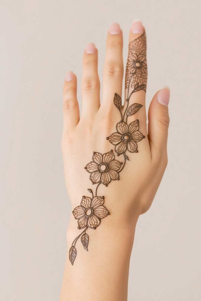 Floral jaal mehndi design with flowers and leaves on back hand