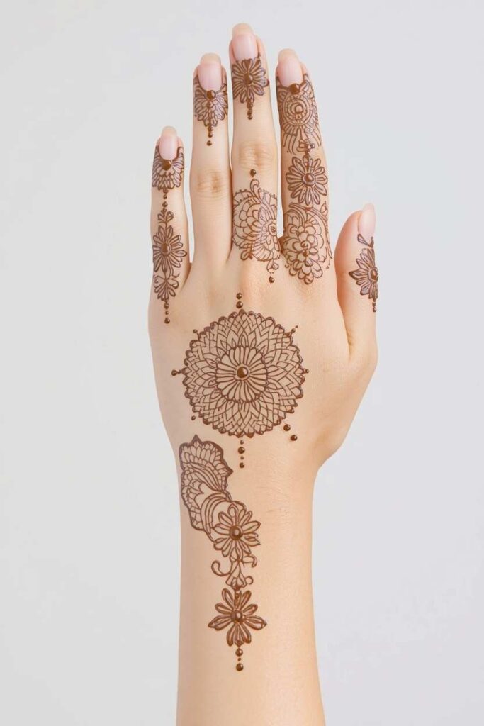 Front hand net mehndi design with delicate jaal pattern