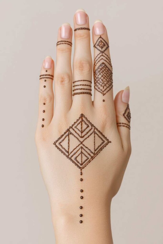 Modern geometric net mehndi design with clean diamond patterns