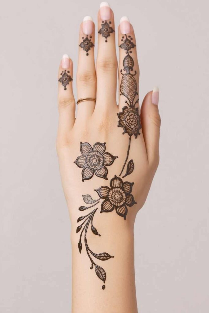 Arabic inspired net mehndi design with flowing floral trails
