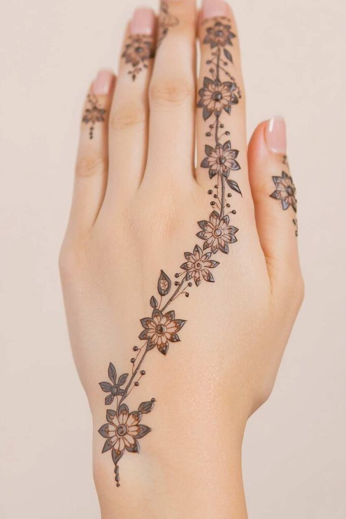 Delicate floral net mehndi design with diamond jaal pattern