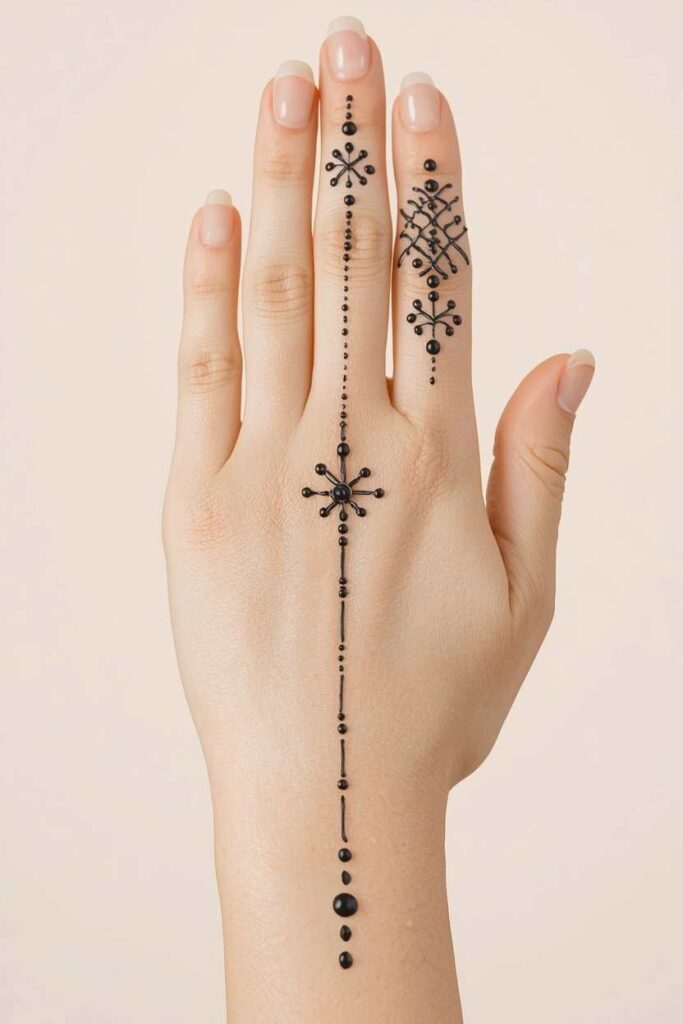Simple net mehndi design showing a diagonal jaal pattern in progress