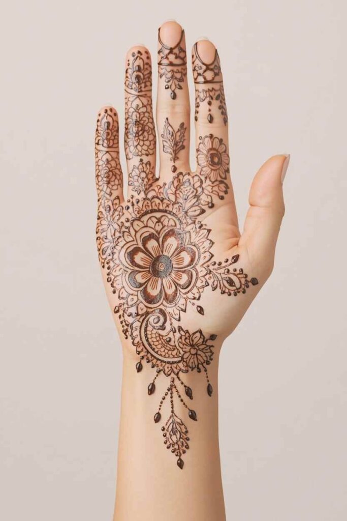 Floral geometric and paisley net mehndi design