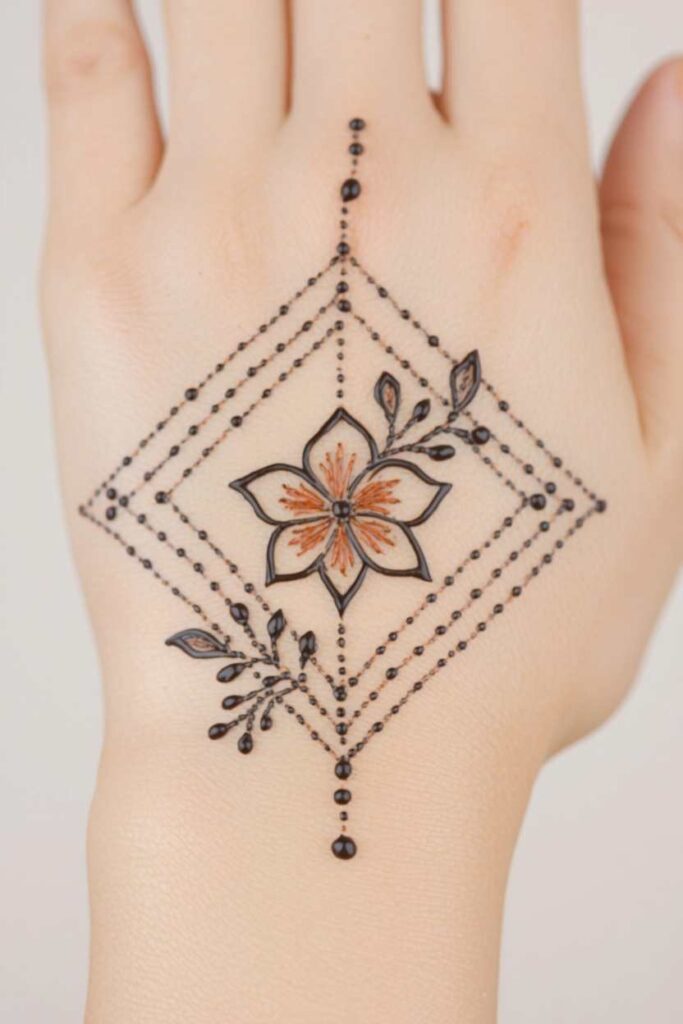 Floral net mehndi design with a central flower on front hand