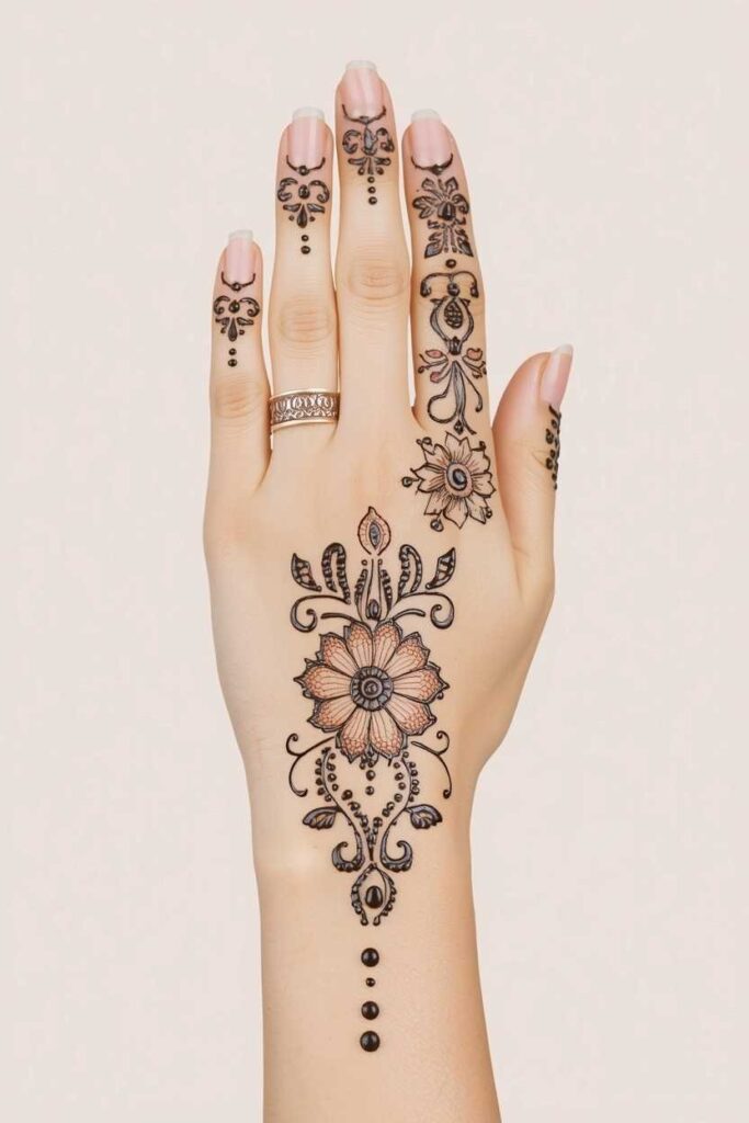 Traditional paisley net mehndi design with delicate jaal pattern