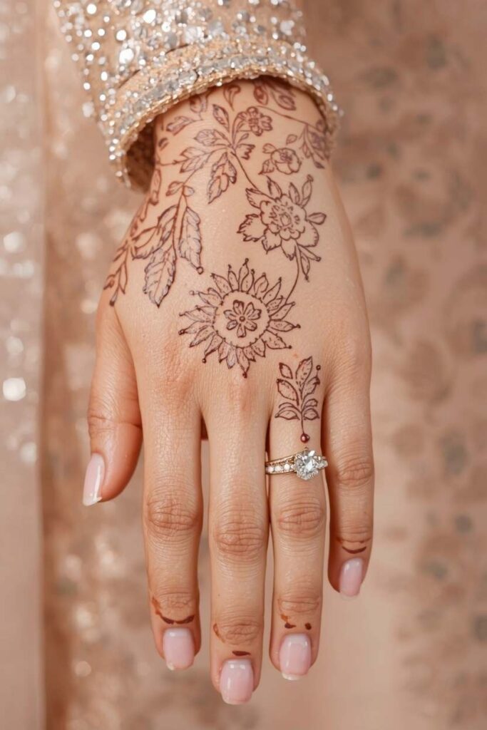 Simple tikki mehndi design for Nikkah with elegant jewellery