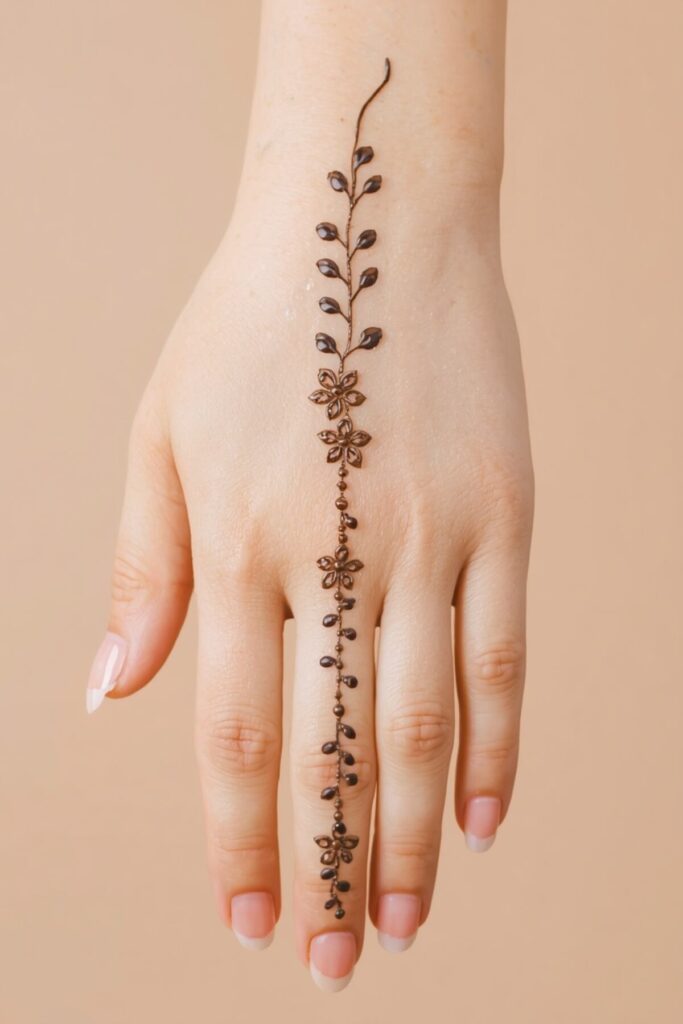 Simple tikki mehndi with a delicate wrist trail