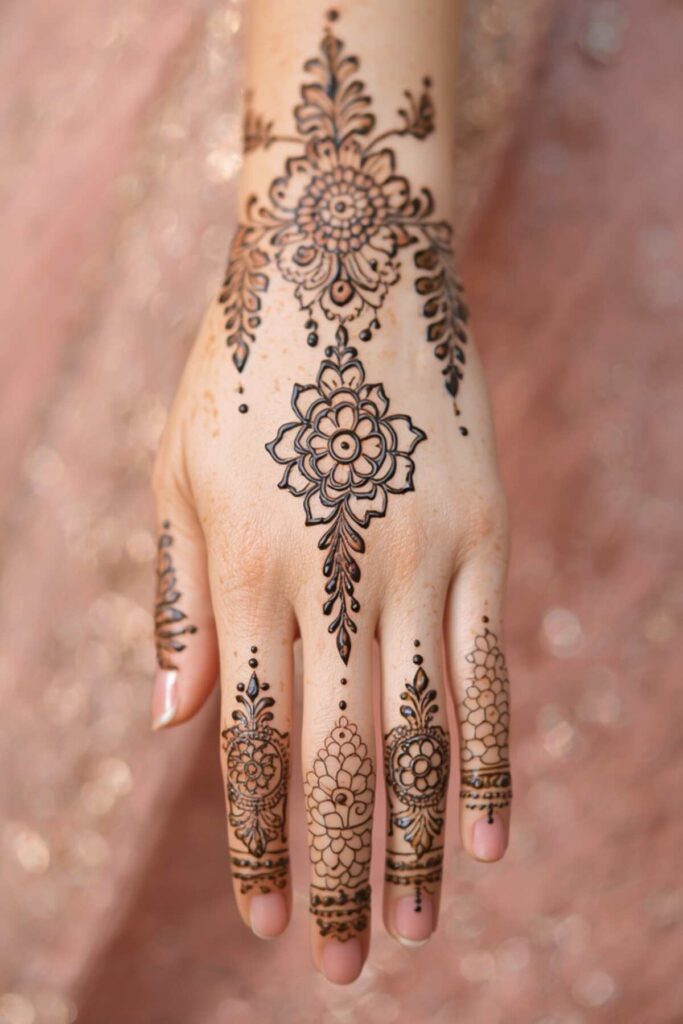 Full hand tikki mehndi design with open spaces