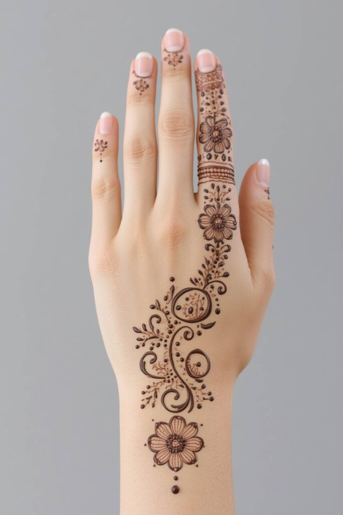 Finger-focused bridal back hand mehndi design with detailed finger bands and a minimal palm pattern
