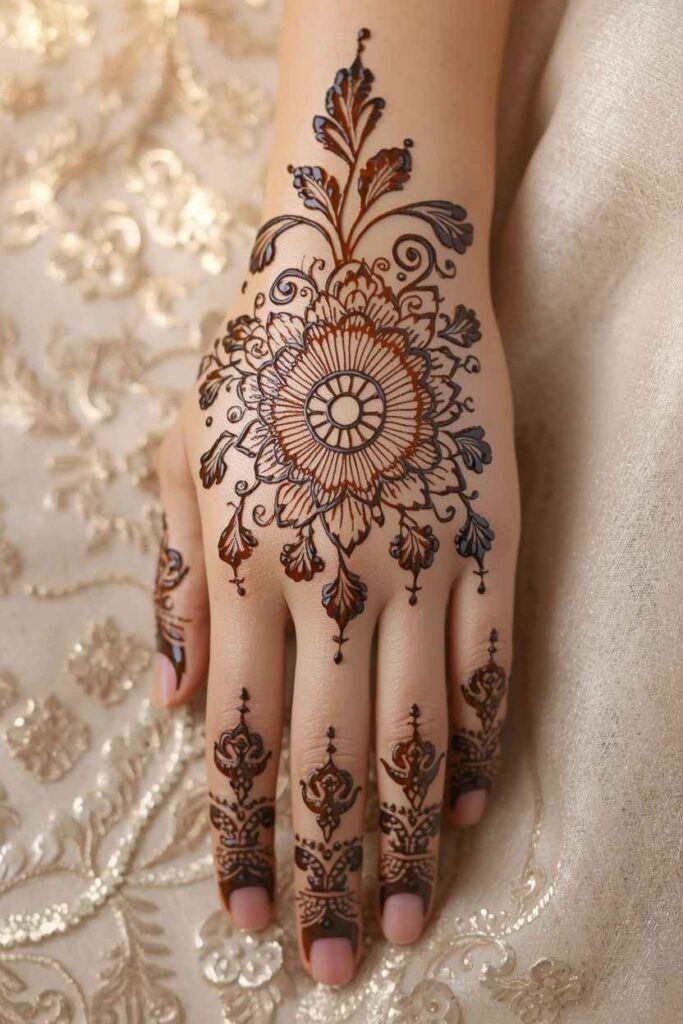 Heavy floral and paisley bridal mehndi design covering the back of a bride’s hand
