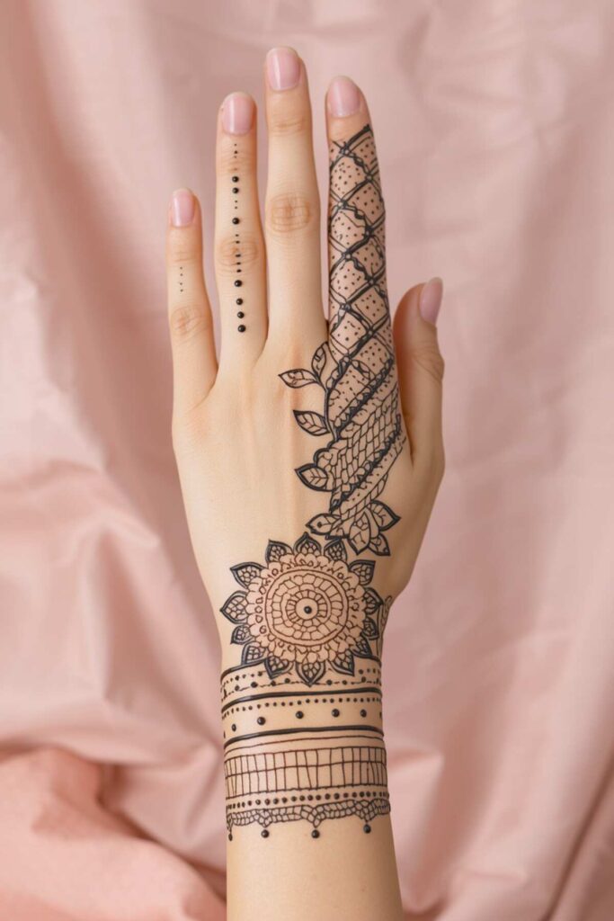 Modern bridal back hand mehndi design combining floral motifs, geometric details, and negative space
