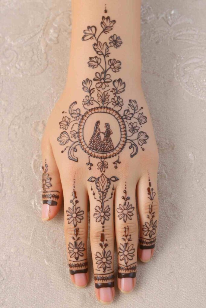 Dulha dulhan bridal back hand mehndi design surrounded by floral and traditional wedding motifs
